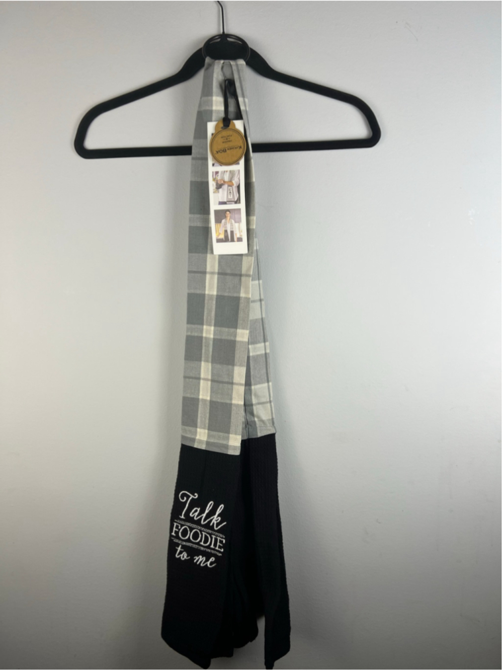 NWT Demdaco Kitchen Boa Talk Foodie To Me Gray Plaid Kitchen Neck Towel Cotton